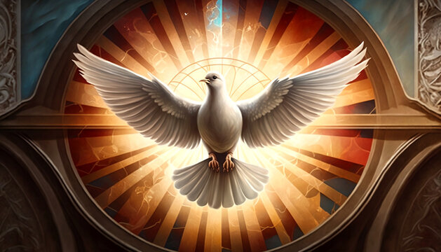 The outpouring of the Holy Spirit and the dawn of golden light: symbols of Easter, the Eucharist and the dove. Generative AI.