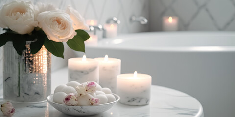 Elegant white bathroom interior with modern bathtub, rose petals and burning candles. Romantic atmosphere, burning scented candles and a roses.  digital ai art	