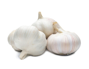 four fresh white garlic bulbs in stack isolated on white background with clipping path and shadow in png file format, Thai herb is great for healing several severe diseases, heart attack, 