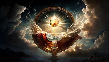 The divine presence and the mystery of faith: the Eucharist and the transformation of wine into divine blood. Generative AI.