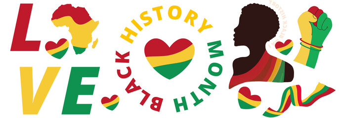 Black history moths. PATTERN with hearts, silhouette peoples.