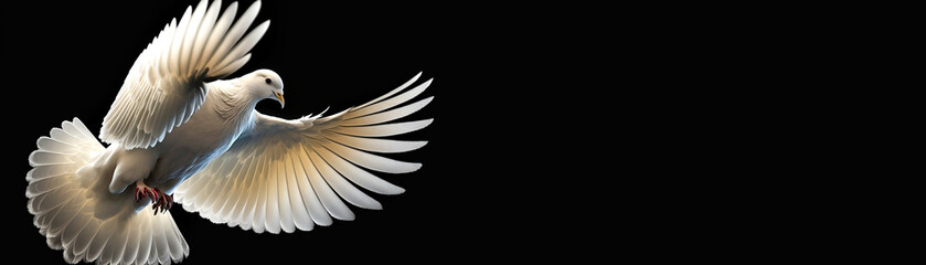 Obraz premium White dove with open wings on a black background...The dawn of purity...Wings of Liberty...Generative AI.