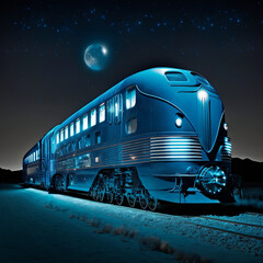 Fototapeta na wymiar blue train at night with moon background generated IA