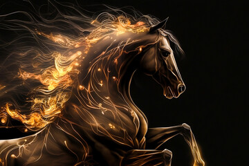 Naklejka na ściany i meble Fiery stallion rearing up against black background.
