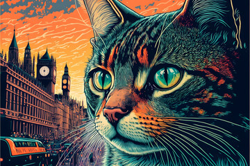 Portrait of a happy cat in London created with generative AI technology