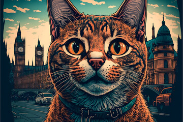 Portrait of a happy cat in London created with generative AI technology