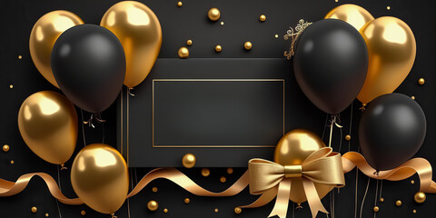 Holiday celebration background with Black Gold balloons, gifts and confetti. Happy holiday greeting card, party invite, banner, invitation or certificates with copy space.	