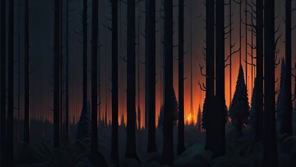 Wildfire catastrophe illustration. The forest is on fire.