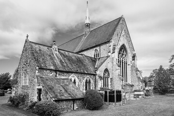 Parish church of the Holy Trinity in Winchester, Hampshire, England, UK in black and white