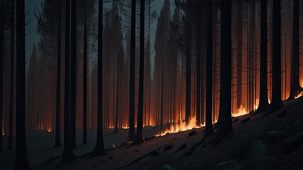 Wildfire catastrophe illustration. The forest is on fire.