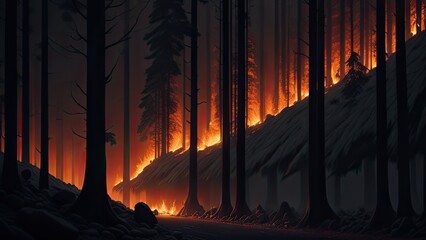 Wildfire catastrophe illustration. The forest is on fire.