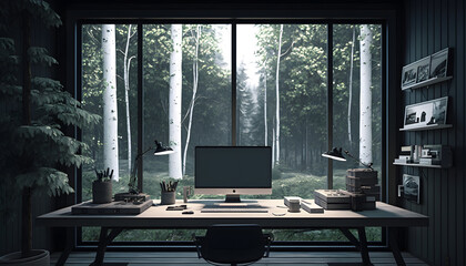 Enchanting Woodscape: A Majestic Minimalist Home Office Amidst Nature, AI Generative