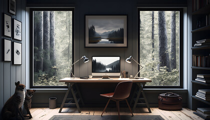 Fototapeta premium Forest Haven: A Minimalist Home Office in Nature, AI Generative