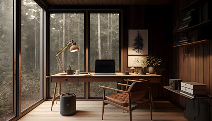 A Cozy Minimalist Home Office Interior with Furniture in the Wild Woods, AI Generative