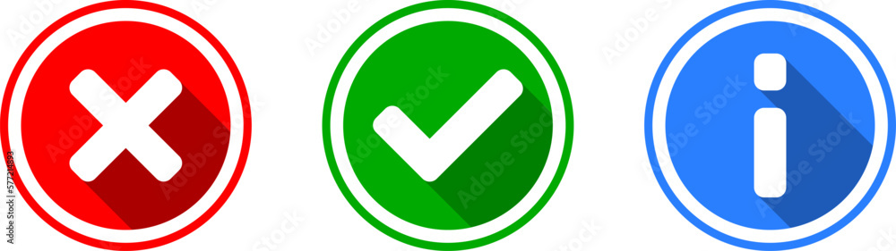 Poster green yes or ok and red no or declined and blue info or information icon set with check mark x cross