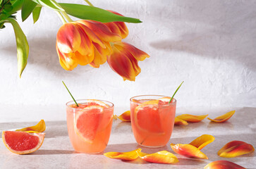 Spring refreshing pink cocktail with grapefruit  and one herb of lemongrass decoration on a fresh stone background. Flowers garden,  eco friendly  natural style, sunlight
- 577214894
