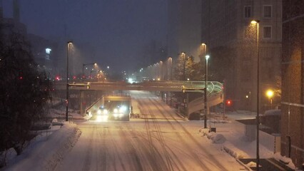 Hokkaido,Japan - February 25, 2023: Street view of Souseigawa street in heavy snow in Sapporo, Hokkaido, Japan
