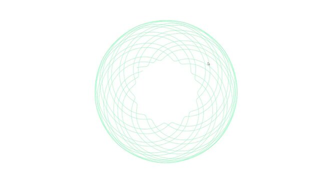 Full HD video with circular spiral pattern emerging from spirograph. Timelapse drawing of symbol on white background. Color change. Green, red, pink, blue, violet, lilac, violet. Fractal neon logo