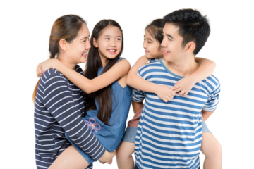 Happy Asian family isolated on transparent background, Happy family enjoying together. PNG file format.