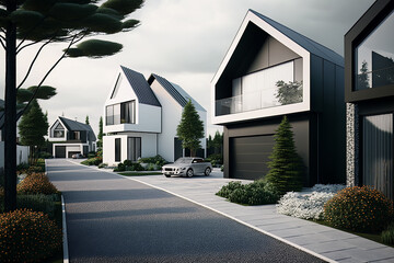 A suburban street with ultra modern, minimalistic, stylish houses in white and black.  Generative AI.