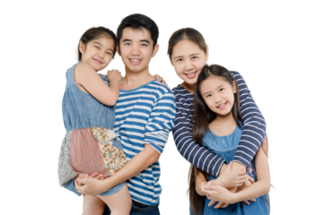 Happy Asian family isolated on transparent background, Happy family enjoying together. PNG file format.