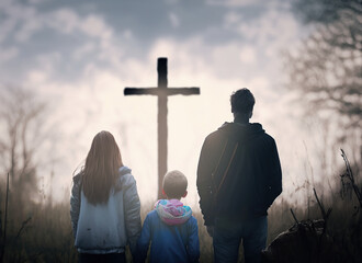 family from the back looking at a big cross IA