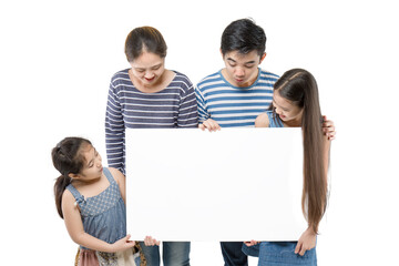 Asian happily family hold blank white placards, as they come together in a cheerful group,...