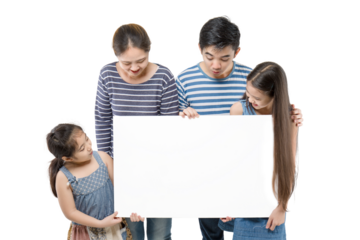 Asian happily family hold blank white placards, as they come together in a cheerful group, expressing messages of joy, unity, and business.