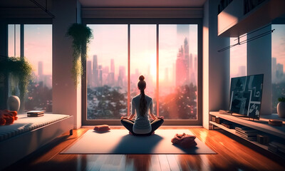 person meditating at the big city in the modern living room - obrazy, fototapety, plakaty