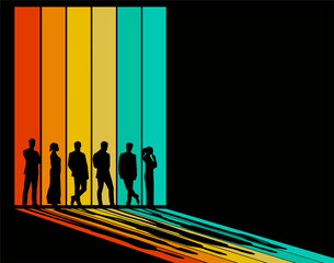 People are silhouetted against stained glass windows that cast shadows in color in this vector illustration with text space.