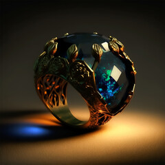 A gold ring with a blue stone on it with background black