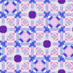  Bright Red Blue white vibrant watercolor batik azulejos tile background. Seamless coastal blur linen effect geometric mosaic effect.Boho Patchwork nautical masculine all over summer fashion repeat.