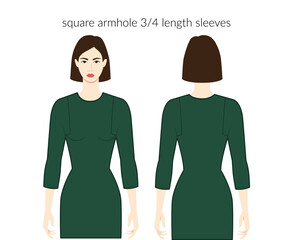 Square armhole sleeves clothes character beautiful lady in emerald top, shirt, dress technical fashion illustration with 3-4 bracelet length. Flat apparel template front, back sides. Women, men unisex