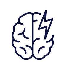 Simple business icon. Brainstorming, creative thinking and coming up with ideas. Brain and lightning. Cartoon linear vector illustration isolated on white background