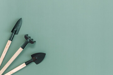 Three garden tools on a green background.