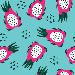 Cute vector seamless dragon fruit pattern.Illustration of exotic tropical papaya.Suitable for textile design, prints for clothes,wrapping paper, cards, wallpapers.Vector illustration of a dragon fruit