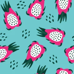 Fotobehang Cute vector seamless dragon fruit pattern.Illustration of exotic tropical papaya.Suitable for textile design, prints for clothes,wrapping paper, cards, wallpapers.Vector illustration of a dragon fruit © Vlada
