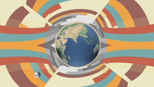 earth day animation in 60s or 70s style retro vintage colors look background video planet globe rotation black and white in middle