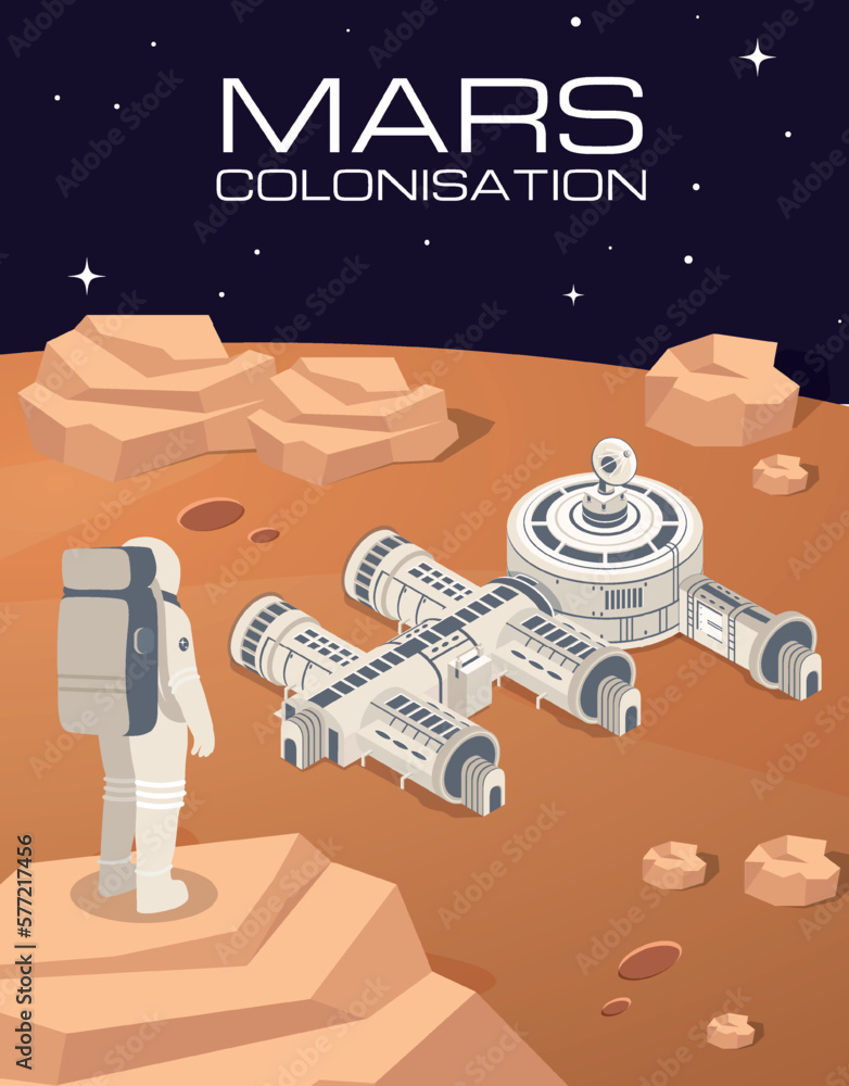 Poster mars colonization concept. man with spaceship on planet, exploration and travel, science and adventu