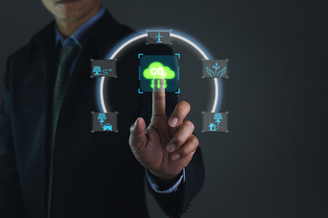 Businessman using virtual interfaces via smartphones and manage online business according to the network of Encore with modern technology system concept