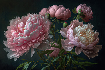 Delicate peony bouquet. Luxurious flowers on dark background. AI