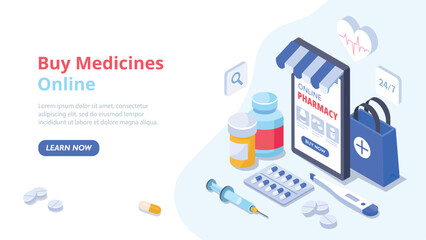 Online pharmacy concept. Pills and syringe near smartphone. Delivery of goods to house. Landing page design element. Health care, prevention and safety. Cartoon isometric vector illustration