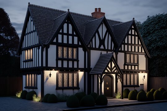 White And Black Modern Tudor House In Night. Generative AI
