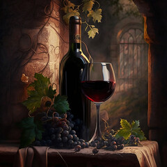 wine bottle and glass, made with generative AI