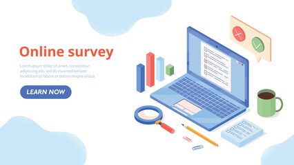 Online survey concept. Laptop with questionnaire, collecting user opinions, feedback on Internet. Marketing and advertising, product promotion, test or exam. Cartoon isometric vector illustration