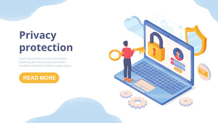 Fototapeta na wymiar Privacy protection concept. Man with key opens large padlock on laptop. Protection of personal data, antivirus and security on Internet. Landing page design. Cartoon isometric vector illustration