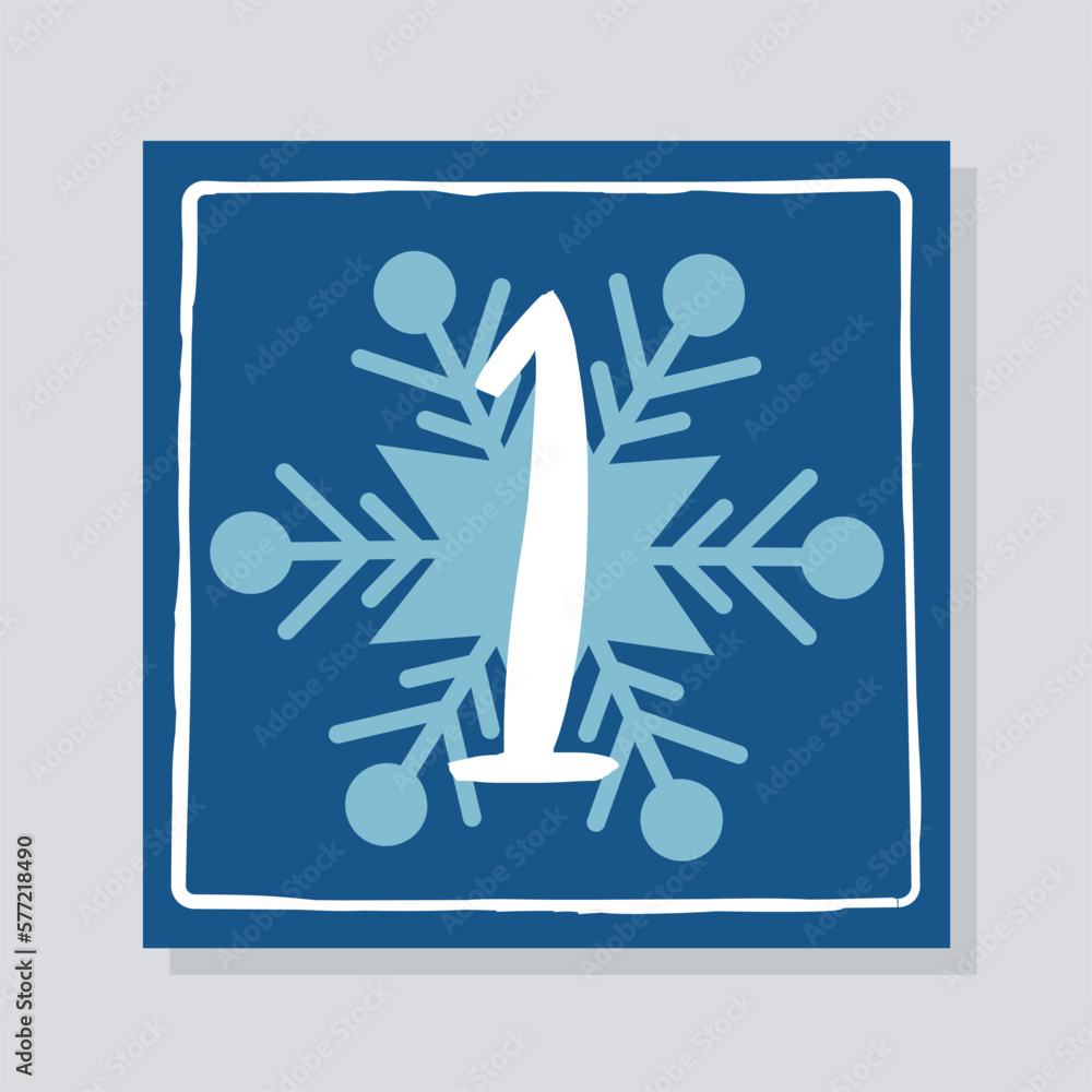 Poster advent calendar with number 1. snowflake, design element for gift or surprise. minimalistic creativi