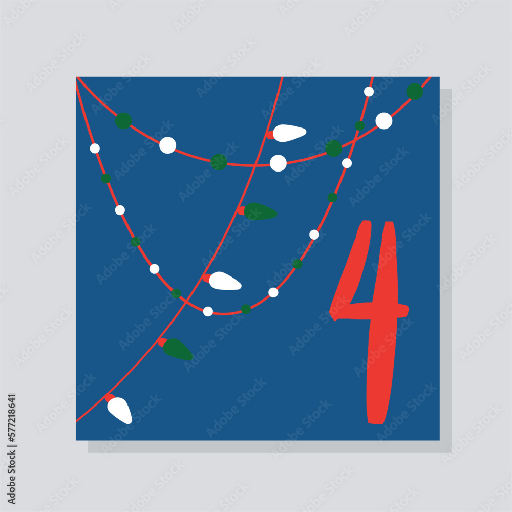 Aufkleber advent calendar with number 4. blue card with colorful garlands. design element for invitation and g