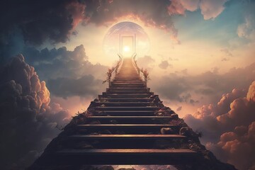 Stairway Leading Up To Sky At Sunrise, stairway to heaven. Generative AI
