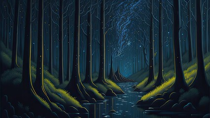 А painting of a forest with fireflies and stars in the sky above it and a stream of water. Illustration. 